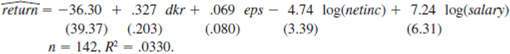 Regression analysis can be used to test whether the market efficiently uses information in valuing stocks. For concreteness, let return be the total return from holding a firm's stock over the four-year period from the end of 1990 to the end of 1994. The efficient markets hypothesis says that these returns should not be systematically related to information known in 1990. If firm characteristics known at the beginning of the period help to predict stock returns, then we could use this information in choosing stocks. For 1990, let dkr be a firm's debt to capital ratio, let eps denote the earnings per share, let netinc denote net income, and let salary denote total compensation for the CEO. (i) Using the data in RETURN.RAW, the following equation was estimated: Test whether the explanatory variables are jointly significant at the 5% level. Is any explanatory variable individually significant (ii) Now, reestimate the model using the log form for netinc and salary: . Do any of your conclusions from part (i) change (iii) In this sample, some firms have zero debt and others have negative earnings. Should we try to use log(dkr) or log(eps) in the model to see if these improve the fit Explain. (iv) Overall, is the evidence for predictability of stock returns strong or weak