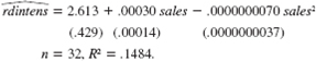 Using the data in RDCHEM.RAW, the following equation was obtained by OLS: (i) At what point does the marginal effect of sales on rdintens become negative (ii) Would you keep the quadratic term in the model Explain. (iii) Define salesbil as sales measured in billions of dollars: salesbil _ sales/1,000. Rewrite the estimated equation with salesbil and salesbil 2 as the independent variables. Be sure to report standard errors and the R-squared. (iv) For the purpose of reporting the results, which equation do you prefer