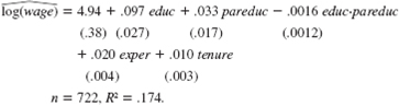 The following model allows the return to education to depend upon the total amount of both parents' education, called pareduc: log(wage) = 0 + 1 educ + 2 educ.pareduc + 3 exper + 4 tenure + u. (i) Show that, in decimal form, the return to another year of education in this model is log(wage)/ educ = 1 + 2 pareduc. What sign do you expect for _2 Why (ii) Using the data in WAGE2.RAW, the estimated equation is (Only 722 observations contain full information on parents' education.) Interpret the coefficient on the interaction term. It might help to choose two specific values for pareduc-for example, pareduc = 32 if both parents have a college education, or pareduc = 24 if both parents have a high school education-and to compare the estimated return to educ. (iii) When pareduc is added as a separate variable to the equation, we get: Does the estimated return to education now depend positively on parent education Test the null hypothesis that the return to education does not depend on parent education.