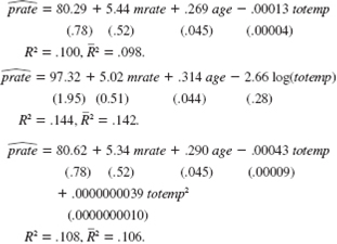 The following three equations were estimated using the 1,534 observations in 401K.RAW: Which of these three models do you prefer Why