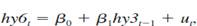 Let hy6t denote the three-month holding yield (in percent) from buying a six-month T-bill at time (t - 1) and selling it at time t (three months hence) as a three-month T-bill. Let hy3t-1 be the three-month holding yield from buying a three-month T-bill at time (t - 1). At time (t - 1), hy3t-1 is known, whereas hy6t is unknown because p3t (the price of three-month T-bills) is unknown at time (t - 1). The expectations hypothesis (EH) says that these two different three-month investments should be the same, on average. Mathematically, we can write this as a conditional expectation: where It-1 denotes all observable information up through time t - 1. This suggests estimating the model and testing H0: = 1. (We can also test H0: 0 = 0, but we often allow for a term premium for buying assets with different maturities, so that 0 0.) (i) Estimating the previous equation by OLS using the data in INTQRT.RAW (spaced every three months) gives Do you reject H0: 1=1 against H0: 1 1 at the 1% significance level Does the estimate seem practically different from one (ii) Another implication of the EH is that no other variables dated as t - 1 or earlier should help explain hy6t, once hy3t-1 has been controlled for. Including one lag of the spread between six-month and three-month T-bill rates gives Now, is the coefficient on hy3t - 1 statistically different from one Is the lagged spread term significant According to this equation, if, at time t - 1, r6 is above r3, should you invest in six-month or three-month T-bills (iii) The sample correlation between hy3t and hy3t - 1 is.914. Why might this raise some concerns with the previous analysis (iv) How would you test for seasonality in the equation estimated in part (ii)