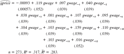 Using the data in WAGEPRC.RAW, estimate the distributed lag model from Problem. Use regression (12.14) to test for AR(1) serial correlation. (ii) Reestimate the model using iterated Cochrane-Orcutt estimation. What is your new estimate of the long-run propensity  (iii) Using iterated CO, find the standard error for the LRP. (This requires you to estimate a modified equation.) Determine whether the estimated LRP is statistically different from one at the 5% level. Problem For the U.S. economy, let gprice denote the monthly growth in the overall price level and let gwage be the monthly growth in hourly wages. [These are both obtained as differences of logarithms: gprice = log(price) and gwage = log(wage).] Using the monthly data in WAGEPRC.RAW, we estimate the following distributed lag model:    (i) Sketch the estimated lag distribution. At what lag is the effect of gwage on gprice largest Which lag has the smallest coefficient  (ii) For which lags are the tstatistics less than two  (iii) What is the estimated long-run propensity Is it much different than one Explain what the LRP tells us in this example. (iv) What regression would you run to obtain the standard error of the LRP directly  (v) How would you test the joint significance of six more lags of gwage What would be the dfs in the F distribution (Be careful here; you lose six more observations.)