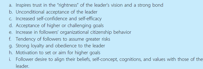 Referring to the characteristics listed in Exhibit 9.1 on page 327, identify each statement by its characteristic using the letters a-i. (Reference Exhibit 9.7) __________ Our leader, who is very charismatic, has somehow convinced every one of us that we can do anything if only we believe in ourselves.