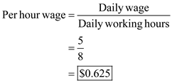 Minimum wage rate: a. Find the minimum wage in Mexico in terms of dollars. In 2003, daily minimum wage in Mexico was about 60 pesos per day. Exchange rate between Mexican peso and U.S. dollar is 12 pesos per dollar. Then, number of dollars require to get a peso is . The 60 peso is equal to per day. Therefore, the Mexican minimum daily wage is . b. Find the minimum wage of Mexican employees typically work 8-hour days in terms of dollars. A Mexican peso is equal to dollars. Hence, the Mexican minimum daily wage is . The minimum wage per hour of Mexican employees in terms of dollars is as follows: Hence, the minimum wage per hour of Mexican employees in terms of dollars is $0.63. c. The minimum wage in Mexico in terms of dollars is $0.63 per hour. Whereas, the Federal minimum wage in the United States is per hour. Hence, the hourly minimum wage decided by federal government is times larger than the hourly Mexican minimum wage that is . d. Since minimum wage in the U.S. is higher than the Mexico, the U.S. is more likely to receive low-skilled immigrants.