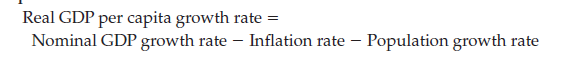Equation 9-1 states that Real GDP per capita growth rate 5 Nominal GDP per capita growth rate 2 Inflation rate 2 Population growth rate. This equation is an approximation of the exact rate of growth of GDP per capita, and so it results in some errors when calculating this rate. However, the simplified equation is both easy to use and results in small error terms when inflation, nominal GDP growth, and population growth are low, and so it is a useful approximation. Table 9P-2 lists a fictional country's nominal GDP, real GDP, GDP deflator, and population over two years. a. Use your knowledge from The Cost of Living chapter to verify that the real GDP figures in Table 9P-2 are accurate. b. Calculate this country's real GDP per capita for both 2012 and 2013. c. Calculate the growth rate in this country's real GDP per capita between 2012 and 2013. d. Calculate the growth rates in the nominal GDP, GDP deflator, and the population.