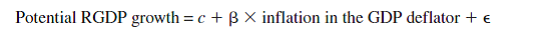 In Section 5.1 of this chapter we stated that changes in potential GDP do not depend on the price level, or in other words, potential GDP is exogenous with respect to the price level. The goal of this exercise is to give you a chance to convince yourself that this is the case. a. Go to http://research.stlouisfed.org/fred2 and download annual data for the period 1949-2012 for the following two variables: Real Potential Gross Domestic Product (potential RGDP) and Gross Domestic Product Implicit Price Deflator. (Both sets of data are located under the Category National Accounts. For RGDP, go to GDP/GNP and for the price deflator, go to Price Indexes and Deflators.) Copy the data into an EXCEL spreadsheet. You will need to take the average of the four quarters of each year to get the annual average. ( Hint: Use the average command in Excel.) b. Calculate the annual growth rate in potential RGDP and the annual inflation rate in GDP deflator. Create a scatterplot that has the growth rate of potential GDP on the Y axis and the annual inflation rate in the GDP deflator on the X axis. Can you visually identify any relationship between the two variables * c. If you have taken a statistics class, use EXCEL or a statistical program in order to run the following regression: What do you find Is the coefficient on the inflation rate statistically significant Interpret your results.