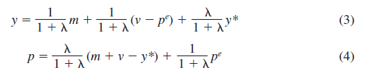 Use equations (3) and (4) to forecast both the price level and the level of output that result from the simple AS - AD model of Section 24-2. You may assume that the slope of the aggregate supply curve is that the values of the money supply, velocity, and potential GDP are 9, 8, and 7, respectively; and that the expected price level is 5. b. Evaluate your forecast in light of the Lucas critique. c. How does this forecast differ from that which would result from a perfect-foresight model d. Is this forecast better or worse Explain