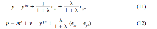 Use equations (11) and (12) to check the effects of anticipated and unanticipated supply shocks on the level of output. Show that they behave as they would in a perfect-foresight model when anticipated and as they would in the standard AS-AD model when unanticipated.