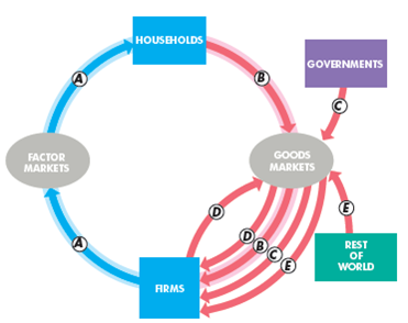 The following figure illustrates the circular flow model. During 2014, flow A was $13.0 trillion, flow B was $9.1 trillion, flow D was $3.3 trillion, and flow E was -$0.8 trillion. Calculate (i) GDP and (ii) Government expenditure.