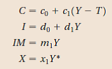 Multipliers, openness, and fiscal policy Consider an open economy characterized by the equations below. The parameters m 1 and x 1 are the propensities to import and export. Assume that the real exchange rate is fixed at a value of 1 and treat foreign income, Y *, as fixed. Also assume that taxes are fixed and that government purchases are exogenous (i.e., decided by the government). We explore the effectiveness of changes in G under alternative assumptions about the propensity to import. a. Write the equilibrium condition in the market for domestic goods and solve for Y. b. Suppose government purchases increase by one unit. What is the effect on output (Assume that 0 m 1 c 1 + d 1 1. Explain why.) c. How do net exports change when government purchases increase by one unit Now consider two economies, one with m 1 = 0.5 and the other with m 1 = 0.1. Each economy is characterized by (c 1 + d 1 ) = 0.6. d. Suppose one of the economies is much larger than the other. Which economy do you expect to have the larger value of m1 Explain. e. Calculate your answers to parts (b) and (c) for each economy by substituting the appropriate parameter values. f. In which economy will fiscal policy have a larger effect on output In which economy will fiscal policy have a larger effect on net exports