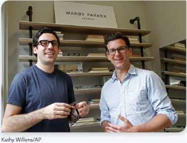LEARN FROM ROLE MODELS Founded with a rebellious spirit and a lofty objective: to create boutique-quality, classically crafted eyewear at a revolutionary price point. Grad-School Startup Takes On Global Competitors W hen four MBA students at Wharton asked that question they found an oligopoly industry where supply was controlled by just a few firms who had as a result a disproportionate influence on prices. Spotting both a business opportunity and a social calling, they decided to start a company to do what they felt was the right thing to do-make eyeglasses available to people at a reasonable price. Their creation, Warby Parker, is described as being founded with a rebellious spirit and a lofty objective: to create boutique-quality, classically crafted eyewear at a revolutionary price point. The founders-David Gilboa, Neil Blumenthal, Andrew Hunt, and Jeff rey Raider-wrote a Web-driven business plan that many questioned at first. Could eyeglasses be sold over the Internet The Warby Parker answer was: Of course! If you're in doubt, and especially if you wear glasses, check out the off erings on warbyparker.com. You can buy stylish glasses for as low as $95-frames with Rx lenses and free shipping. All this is made possible by the founders' careful analysis of the industry and its supply chains. They source directly from manufacturers and then sell direct to customers, cutting out a lot of costs and profit-taking in the middle of the chain. Warby Parker is e-commerce and customer friendly-letting you have free home try-ons of up to five loaner pairs. On the social side of the business model, if you end up buying from Warby Parker, you're actually also helping someone else who can't aff ord to buy new glasses for themselves. Warby Parker donates one pair of glasses to someone in need for every pair of glasses that it sells. That adds up quickly when you consider that they sell more than 250,000 pairs a year. The company's website proudly announces: Let's do good. We're building a company to do good in the world.... We think it's good business to do good. They call their business model eyewear with a purpose. That purpose is anchored in the fact that over a billion people in the world don't have the eyeglasses they need for school, work, or everyday living. This is a pervasive social problem that Warby Parker aims to help solve through business. FIND INSPIRATION Warby Parker's founders discovered that prescription eyeglasses could be sold for less than the current market. By selling for less they created more value for both customers and for society at large. Instead of buying glasses at a boutique for $695 you can buy a stylish pair online from Warby Parker for $95. Central to the founders' purpose, each purchase sends a free pair of eyeglasses to someone in need. Why aren't there more businesses like Warby Parker Why aren't there more entrepreneurs who try to match social problems and business opportunities How about you Do you have any good ideas matching business opportunity with social need