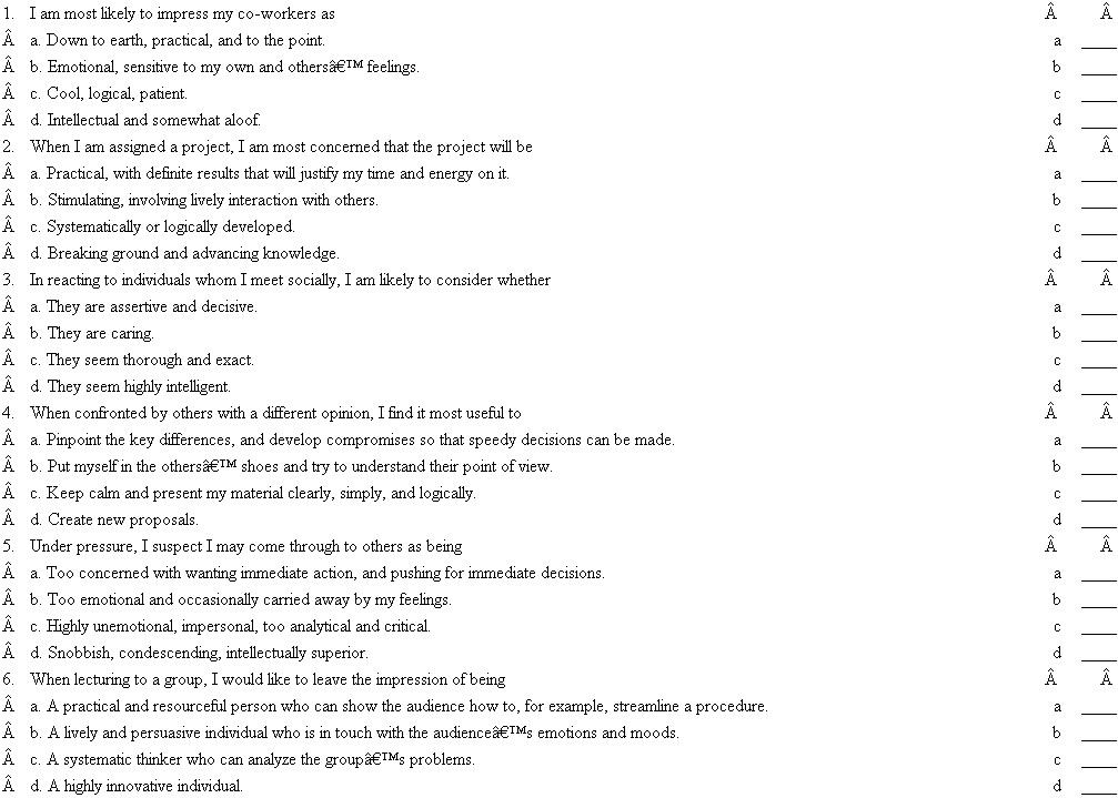 What 's Your Communication Style? Carefully read each statement and its four endings. Grade these by assigning a 4 to the ending that most describes you, a 3 to the next ending most like you, a 2 to the next ending most like you, and a 1 to the ending least like you. Once you have assigned a number, you may not use that number again in the set of four endings. For example, you may not assign a grade of 4 to both 1 a and 1 b. Now transcribe the numbers that you wrote beside each ending to the appropriate spaces below. Total the columns for questions 1-3 and for questions 4-6. The initials at the bottom of the columns-S, F, T, and I-stand for the different communication styles: senser, feeler, thinker, and intuitor. The column with the highest total for questions 1-3 is your communication style under relaxed conditions, and the column with the highest total for questions 4-6 is your style under stress conditions. Once you have defined your particular style, check the table at the end of the exercise for the positive and negative traits associated with it. Note that you may have the positive traits without the negative ones or vice versa. Source: Phyllis Kuhn, Sharpening Your Communication Skills, Medical Laboratory Observer , March 1987. Used with permission from Medical Laboratory Observer. Copyright © 1987 by Nelson Publishing, Inc., www.mlo-online.com. Some Traits Linked to Each Communication Style