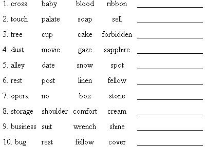 Word Associations This exercise is designed to demonstrate how the establishment of a realistic and specific goal can help you improve your performance. You will be given four words and your task is to identify a fifth word that has a common association with each of the four words in a given set. For example, what word has a common association with each of the following? The answer is beauty. Now that you understand the game, time yourself and see how many of the following sets you can do in two minutes. Your instructor will give you the correct answers. Based on the number you got right, set the following goal for the next exercise: If you got 1 or 2 correct, your new goal is 4. If you got 3 or 4 correct, your new goal is 7. If you got 5 or more correct, your new goal is 9. Do you consider this new goal challenging? Impossible? Now, striving to make your new goal, see how many of the following sets you can do in two minutes. Your instructor will give you the correct answers. How did you do relative to your score on the first set? Do you think that having a specific goal affected your score on the second exercise? Source: This exercise is adapted from Henry Tosi and Jerald W. Young, Management Experiences and Demonstrations (Homewood, IL: Richard D. Irwin, 1982), pp. 35-38, 166, 183.