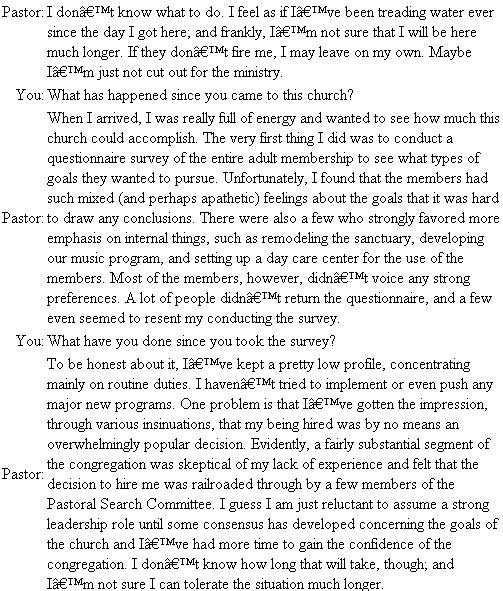 Does the Congregation Care? You are talking with a young pastor of an independent church with 300 adult members. The pastor came directly to the church after graduating from a nondenominational theological school and has been in the job for eight months. Questions 1. Analyze and explain the situation using any of the theories of leadership discussed in this chapter. 2. What would you recommend the young pastor do?