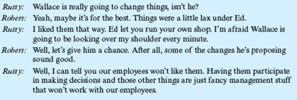 Changes in the Plastics Division Ed Sullivan was general manager of the Plastics Division of Warner Manufacturing Company. Eleven years ago, Ed hired Russell (Rusty) Means as a general manager of the Plastics Division's two factories. Ed trained Rusty as a manager and thinks Rusty is a good manager, an opinion based largely on the fact that products are produced on schedule and are of such quality that few customers complain. In fact, for the past eight years, Ed has pretty much let Rusty run the factories independently. Rusty believes strongly that his job is to see that production runs smoothly. He feels that work is work. Sometimes it is agreeable, sometimes disagreeable. If an employee doesn't like the work, he or she can either adjust or quit. Rusty, say the factory personnel, runs things. He's firm and doesn't stand for any nonsense. Things are done by the book, or they are not done at all. The turnover in the factories is low; nearly every employee likes Rusty and believes that he knows his trade and that he stands up for them. Two months ago, Ed Sullivan retired and his replacement, Wallace Thomas, took over as general manager of the Plastics Division. One of the first things Thomas did was call his key management people together and announce some major changes he wanted to implement. These included: (1) Bring the operative employees into the decision-making process; (2) establish a planning committee made up of three management members and three operative employees; (3) start a suggestion system; and (4) as quickly as possible, install a performance appraisal program agreeable to both management and the operative employees. Wallace also stated he would be active in seeing that these projects would be implemented without delay. After the meeting, Rusty was upset and decided to talk to Robert Mitchell, general manager of sales for the Plastics Division. What style of leadership do you think Wallace will have to use with Rusty?