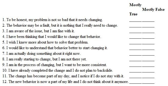 Are You Ready to Implement Personal Change?110 Step 1. Think about a specific behavior change-for example, stopping smoking, scheduling regular exercise, learning a new skill, adopting a healthier diet, or dropping a bad habit-that you have considered making in your life. With that specific behavior or habit in mind, carefully answer each item below as Mostly True or Mostly False for you. Step 2. Scoring and Interpretation: The items in Step 1 pertain to a person's stage of readiness to implement a personal change. Each of the four stages is measured by three questions in the scale. Give yourself one point for each item marked Mostly True. You will probably find that you have a higher score for one of the stages, which means you are in that stage for your specific change. If you have the same score for two adjacent stages, then you are probably transitioning from one stage to the next. What does your score imply about your likelihood of success in making the change? Step 3. In groups of three to five students, take turns describing your desired change and the meaning of the stage that you are in. Compare notes and discuss the progress of each person's change. Step 4. Discuss the answers to the following questions as a group: How likely is it that you will implement your desired change successfully? Why? To implement a personal change, how important is it to feel a strong need for change? Can you identify driving and restraining forces for the personal changes in your group? Which implementation tactics from this chapter would help your group members make their desired changes? Why do you think so?