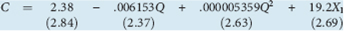Referring to Exercise again: a. Holding constant the effects of branching (X 1 ), determine the level of total assets that minimizes the average operating expense ratio. b. Determine the average operating expense ratio for a savings and loan association with the level of total assets determined in Part (a) and 1 branch. Same question for 10 branches. Exercise A study of 86 savings and loan associations in six northwestern states yielded the following cost function: 15 where C = average operating expense ratio, expressed as a percentage and defined as total operating expense ($ million) divided by total assets ($ million) times 100 percent Q = output; measured by total assets ($million) X 1 = ratio of the number of branches to total assets ($million) Note: The number in parentheses below each coefficient is its respective t-statistic. a. Which variable(s) is(are) statistically significant in explaining variations in the average operating expense ratio b. What type of cost-output relationship (e.g., linear, quadratic, or cubic) is suggested by these statistical results c. Based on these results, what can we conclude about the existence of economies or diseconomies of scale in savings and loan associations in the Northwest 15 Holton Wilson, A Note on Scale Economies in the Savings and Loan Industry, Business Economics (January 1981), pp. 45-49.