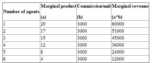 Given the information, (A) The following shows the table containing marginal revenue and no of units sold by respective agents: (B) If wage rate is $32000 per year, then firm should hire 2 agents. This is because the marginal revenue should be equated with marginal cost. If more than 2 agents are hired, the marginal cost will exceed the marginal revenue. (C) If wage rate is $18000 per year, then firm should hire 4 agents. This is because the marginal revenue should be equated with marginal cost to attain the maximizing point. If more than 4 agents are hired, the marginal cost will exceed the marginal revenue. (D) If commission is $3000 , then marginal revenue product would be: (E) If the wage rate is $30000, then firms should hire 4 agents. Here the marginal revenue taken is the nearest to $30000. This is because firms cannot hire 4.5 agents.