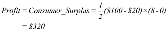 (a)The given graph shows the monopoly market situation as the demand curve is a downward sloping curve. For the purpose of determining the equilibrium level of output, the profit-maximizing condition of the monopoly firm is given by: From the graph, this implies that the monopoly level of equilibrium output level is 4 Under the condition of profit-maximization, the equilibrium monopoly price follows from the demand curve at the equilibrium monopoly quantity. From the graph, this implies that the monopoly level of equilibrium price is $60 Hence, the monopoly profit is given by: Thus, the firm's optimal price is $60 per unit, optimal output is 4 units and the resulting profit is $160 (b)The case is of first-degree price discrimination in which the firm charges the maximum price that the consumer is willing to pay for each unit of the good purchased such that all consumer surpluses is extracted and the firm earns the highest possible profits. From the graph, it is evident that the firm would charge $90 for the 1 st unit, $80 for the 2 nd unit, $70 for the 3 rd unit, $60 for the 4 th unit, $50 for the 5 th unit, $40 for the 6 th unit, $30 for the 7 th unit and $20 for the 8 th unit. Th firm would not sell beyond the 8 th unit as the marginal cost is greater than the price followed from the demand curve. That means, for n th unit, the firm shall charge a price followed from the demand curve. Hence, the profit earned by the firm under first-degree price discrimination is equal to the consumer surplus, which is given by: Thus, the firm's optimal price is the maximum price that the firm could charge as followed from the demand curve, optimal output is 8 units and the resulting profit is $320 (c)Under the case of two-part pricing, the firm charges a fixed fee for the right to purchase its goods and a per-unit charge for each unit purchased. Like the firm practicing first-degree price discrimination, the firm under the two-part pricing extract all consumer surplus from consumers in the form of fixed fee and charge a per-unit price equal to the marginal cost. Hence, under the two-part pricing, the fixed fee charged by the firm is $320 and a per-unit price of $20. The optimal output sold by the firm under two-part pricing is 8 units. The profit earned by the firm under two-part pricing is given by: Thus, the firm's optimal price is $320 as the fixed fee and $20 per unit, optimal output is 8 units and the resulting profit is $320 (d)Under the case of block pricing, the firm charges the amount equal to the total value that the consumer places on the given bundle of a good. From the graph, it is evident that the firm would sell 8 units as beyond the 8 th unit, the marginal cost exceeds the price that follows from the demand curve. The total value placed by the consumer for the bundle of 8 units of good is given by: That means, the firm would charge a price of $480 for the bundle of 8 units of the good under block pricing. The profit earned by the firm under block pricing is given by: Thus, the firm charges $480 for the bundle of 8 units of the good and makes a profit of $320 under block pricing.