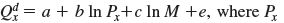 The demand function for good X is ln a. If M = 55,000 and P x = 4.39, compute the own price elasticity of demand based on these estimates. Determine whether demand is elastic or inelastic. b. If M = 55,000 and P x = 4.39, compute the income elasticity of demand based on these estimates. Determine whether X is a normal or inferior good.