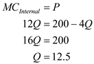 The industrial demand function is given by . Firms in this industry are generating negative externality and therefore they face two types of cost: an external cost which is the cost of production and an internal cost which is the cost of the harm they create on society via externality. a)The cost of the externality created by the industry is not internalized by the firms. From society's perspective, firms need to incorporate this internal cost in their cost analysis. Hence the socially efficient level of output is the one that equilibrates market demand to the marginal cost to the society. Marginal cost to the society is the sum of both internal and external marginal cost, the industry is facing. Therefore, the social marginal cost is: Compute the socially efficient level of output by equating with marked demand : Thus the socially efficient level of output is 9.09 units. b)A competitive industry produces a level of output by equating its Internal Marginal Cost with the Price (more precisely, ). This implies: Hence a competitive industry produces 12.5 units. c)A monopolist ignores the societal damage it causes through its actions and produces a level of output at which its Internal Marginal Cost equals the Marginal Revenue. The latter is the first derivative of Total revenue: Compute the quantity produced by the incumbent monopolist by equating Marginal cost and Marginal Revenue: Therefore, a monopolist produces 10 units of output. d)To encourage the monopoly to produce socially efficient level of output, government may force firms to internalize the costs of externality created by them. This can be done by targeted policies that shift the internal cost of production up to a point where it equals the social cost of production. To force such internalization, taxing the monopolist for the externality created, imposing restrictions on the amount of a negative externality generated, enforcing property rights are some of the policy measures that the government can initiate.