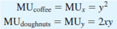 Susan Pettit's preferences for coffee (by the pound) and doughnuts (by the dozen) can be characterized as follows: a. If the ratio of relative prices is ( P x /P y ) = 6/3 = 2, and Susan's income is $90 per period, what combination of pounds of coffee and dozens of doughnuts will she choose b. Now let the ratio of coffee to doughnut prices decline to unity (=1), holding the price of doughnuts constant. How does Susan respond to the reduction in the relative price of coffee c. Redo parts (a) and (b) for the case of income of $60 per period. d. Derive Susan's demand function for coffee. e. Is coffee a normal or inferior good for this consumer f. Does Susan consider coffee and doughnuts to be either perfect complements or perfect substitutes Explain.