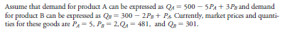 a. Suppose the price of product B increases to 3. What happens to the quantity demanded of both products b. Calculate the arc cross-elasticity between product A and product B using prices for product B of 2 and 3. c. Are these goods substitutes or complements