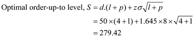 In a base stocking policy, the ordering is done is a fixed interval. The order-up-to level is decided based on the average demand during the lead time plus review period, its standard deviation, and the required service level percentage. The expected ending inventory at the end of the period can be computed using the following formula: Where stand for the replenishment lead time and review period respectively. a. Note the given data: Average weekly demand, d = 1.25 Review period, p = 1 week Delivery lead time, days Compute the total average ending inventory using the following method: The in-stock probability is 0.95. From the Poisson table, F (11) = 0.975 and F (10) = 0.946. So, the appropriate order-up-to level, Form the Poisson distribution table, for L (11) = 0.0467. This is the expected backorder level. For 200 SKUs, the total inventory level is b. Note the given data: Average weekly demand, d = 50 Standard deviation of weekly demand, Review period, p = 1 week Delivery lead time, days Compute the total average ending inventory using the following method: The required in-stock probability is 95%. The corresponding value of The corresponding value of loss function is So, the expected back-order level For 5 SKUs, the total inventory level is c. Compare the inventory holding cost before and after the improvement in fill rate as follows: For the in-stock probability of 98%, the corresponding value of The corresponding value of loss function is So, the expected back-order level For 5 SKUs, the total inventory level is The holding cost becomes equal to The holding cost with initial condition was So, the change in store's holding cost to the original situation is . So, the change in store's holding cost to the original situation is