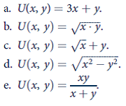 In footnote 7 we showed that for a utility function for two goods to have a strictly diminishing MRS (i.e., to be strictly quasi-concave), the following condition must hold: Use this condition to check the convexity of the indifference curves for each of the utility functions in Problem 3.1. Describe the precise relationship between diminishing marginal utility and quasi-concavity for each case. Reference: Problem 3.1 Graph a typical indifference curve for the following utility functions, and determine whether they have convex indifference curves (i.e., whether the MRS declines as x increases).