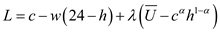 In order to find the optimal consumption bundle an individual either can maximize his utility with given income or can minimize the expenditure to attain a particular level of utility. The utility function for an individual in terms of consumption and leisure is given below: The expenditure need to be minimized given the utility level at . a. Setting the Lagrange equation to minimize the expenditure given utility level at as shown below: The first order conditions of Lagrange equation can be computed as shown below: Set first order conditions equal to zero and solve it to get the value of optimal consumption bundle as shown below: Solving the first order differentials the value of c and h can be computed as shown below: The expenditure function can be shown as given below: b. The compensated demand function is the demand function for any commodity keeping the utility level at a particular constant level. The compensated demand function for leisure can be computed by using envelope theorem as shown below: The compensated demand function for consumption can't be computed as price of consumption here is treated as numeriare. c. The compensated labor supply function can be calculated as shown below: The derivative of compensated labor supply function with respect to w is shown below: As and w is positive integer the value of compensated supply function will rise with rise in w that is the curve will be positively sloped. d. The compensated labor supply curve is given below: The uncompensated labor supply is given below: The uncompensated demand curve is function of only that is the share of utility of leisure. Whereas the compensated demand curve is the function of constant utility and wage rate too. The Slutsky equation breaks the change in demand for one good in response to a change in the price of other good. The slustky equation is given below: In this case the income and substitution effect of real wages on uncompensated labor supply curve is offset by each other. Income effect of wage rise is zero. Substitution effect is also zero. So, rise in wages will not affect the uncompensated supply of labor.