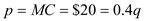 a) A firm in a perfectly competitive market is a price taker. Hence, it maximizes it profits by producing at a point at which marginal cost is equal to the prevailing price. As and For maximizing profit, firm will equate the price and the marginal cost. We get, From this we get the optimal quantity b) The social optimum is given at the point where social marginal cost is equal to the social marginal benefit. In the case of a perfectly competitive firm, the social marginal benefit would be equal to the price. The social marginal cost however would be greater than the private marginal cost of the firm. The social marginal cost is given by 0.5q. So for social optimum output, the following should hold From this we get the socially optimal quantity The government can put a tax on each unit produced to get the firm to produce the socially optimal quantity while maximizing its profit. Let such a tax be t. Then the following should hold. For maximizing profit, firm will equate the price and the marginal cost. We get, Since Then This gives us the excise tax that the government should charge c) The above results can also be shown in the graph below