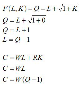 The firm ABC's production function is given as: Where, L is worker hours per month and K is square feet of manufacturing space. The Marginal Rate of Technical Substitution for firm ABC can be found out by the partial differentiation of it's production function. (a)The firm ABC's hourly wage rate W is $50 and manufacturing space costs R is $25 per square foot per month. To find the least cost combination of inputs to produce 100 units we need to determine the relation between the input quantities L and K. We know that the marginal rate of technical substitution MRTS LK is same as the ratio of W and R. The above expression shows that the intersecting point between the two curves, that is the isoquant Q and isocost C, is at the axis where K = 0 and the value of L is 99. (b)For the output expansion path, let us consider the values of Q as 10, 20, 30 and 40 for simplicity of the graph scope. We can observe from the above graph that the least cost combination occurs when the isoquant touches the Labor axis K = 0. And hence, the output expansion path is also along the Labor axis. (c)The Cost Function can be derived from the above found value of K = 0 (Tangency Condition). Hence, the cost function is