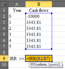 IRR (Internal Rate of Return) of project is the rate at which the NPV (Net Present Value) of project becomes zero.. It is simple to apply. The project which has IRR greater than its required rate of return should be accepted. The IRR can be computed using the IRR function of spreadsheet Compute the IRR using the spreadsheet. Enter given values and formula in the spreadsheet as shown in the image below. Obtained result is provided below. Thus, the internal rate of return is . Therefore, the correct answer is .