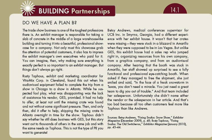 Review both Building Partnerships 14.1 and From the Buyer's Seat 14.1. What is the common thread? How can you, as a salesperson, gain a competitive advantage in the marketplace from these stories? What would these themes mean for you as a student or as a professional in a nonselling field? (In Building Partnerships 14.1) (In Reference Buyer's Seat 14.1)