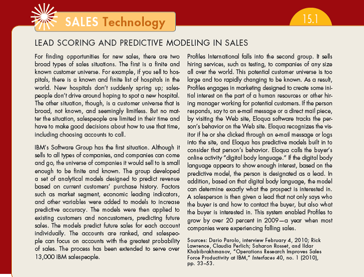 How does predictive modeling improve salesperson performance? You may want to review Sales Technology 15.1 as you develop your answer. (In Reference Sales Technology 15.1)   
