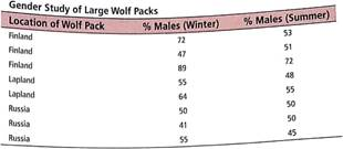 For Problems 9-17 assume that the distribution of differences d is mound-shaped and symmetrical. Please provide the following information for Problems 9-17. (a) What is the level of significance State the null and alternate hypotheses. Will you use a left-tailed, right-tailed, or two-tailed test (b) Check Requirements What sampling distribution will you use What assumptions are you making Compute the value of the sample test statistic. (c) Find (or estimate) the P -value. Sketch the sampling distribution and show the area corresponding to the P -value. (d) Based on your answers in parts (a)-(c), will you reject or fail to reject the null hypothesis Are the data statistically significant at level (e) Interpret your conclusion in the context of the application. In these problems, assume that the distribution of differences is approximately normal. Note: For degrees of freedom d.f. not in the Student's t table, use the closest d.f. that is smaller. In some situations, this choice of d.f. may increase the P -value by a small amount and therefore produce a slightly more conservative answer. Wildlife: Wolves In environmental studies, sex ratios are of great importance. Wolf society, packs, and ecology have been studied extensively at different locations in the U.S. and foreign countries. Sex ratios for eight study sites in northern Europe are shown on the next page (based on The Wolf by L. D. Mech, University of Minnesota Press): It is hypothesized that in winter, loner males (not present in summer packs) join the pack to increase survival rate. Use a 5% level of significance to test the claim that the average percentage of males in a wolf pack is higher in winter.