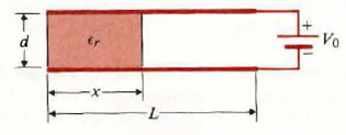 A parallel-plate capacitor of width w, length L, and separation d is partially filled with a dielectric medium of dielectric constant r , as shown in Fig. A battery of V 0 volts is connected between the plates. a) Find D , E , and s in each region. b) Find distance x such that the electrostatic energy stored in each region is the same. Figure: A parallel-plate capacitor