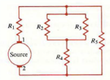 Solve Problem, assuming that the source is an ideal current generator that supplies a direct current of 0.7 (A) out of terminal 1. Problem: Find the current and the heat dissipated in each of the five resistors in the network shown in Fig. if R 1 = R 2 = 20 ( ), R 3 = 30 ( ), R 4 = 8 ( ), R 5 = 100020( ), and if the source is an ideal d-c voltage generator of 0.7 (V) with its positive polarity at terminal 1. What is the total resistance seen by the source at terminal pair 1-2 Figure: A network problem