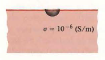 A ground connection is made by burying a hemispherical conductor of radius 25 (mm) in the earth with its base up, as shown in Fig. Assuming the earth conductivity to be 10 -6 S/m, find the resistance of the conductor to far-away points in the ground. ( Hint: Use the image method in Problem.) Figure: Hemispherical conductor in ground Problem: Justify the statement that the steady-current problem associated with a conductor buried in a poorly conducting medium near a plane boundary with air, as shown in Fig. 1 can be replaced by that of the conductor and its image, both immersed in the poorly conducting medium as shown in Fig. 2. Figure: Steady-current problem with a plane boundary Figure 1: Conductor in a poorly conducting medium near a plane boundary. Figure 2: Image conductor in conducting medium replacing the plane boundary.