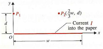 A current I flows lengthwise in a very long, thin conducting sheet of width w, as shown in Figure. a) Assuming that the current flows into the paper, determine the magnetic flux density B 1 at point P 1 (0, d).  b) Use the result in part (a) to find the magnetic flux density B 2 at point P 2 (2 w /3, d ). Figure: A thin conducting sheet carrying a current I    