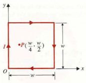 A current I flows in a w × w square loop as in Figure. Find the magnetic flux density at the off-center point P( w /4, w /2). Figure: A square loop carrying a current I