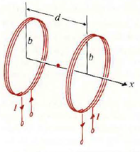 Two identical coaxial coils, each of N turns and radius b, are separated by a distanced, as depicted in Fig. 6- 39. A current I flows in each coil in the same direction. a) Find the magnetic flux density B = a x B x at a point midway between the coils. b) Show that dB x / dx vanishes at the midpoint. c) Find the relation between b and d such that d 2 B x / dx 2 also vanishes at the midpoint. Such a pair of coils are used to obtain an approximately uniform magnetic field in the midpoint region. They are known as Helmholtz coils.  Figure: Helmholtz coils   