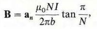 A thin conducting wire is bent into the shape of a regular polygon of N sides. A current I flows in the wire. Show that the magnetic flux density at the center is where b is the radius of the circle circumscribing the polygon and a n. is a unit vector normal to the plane of the polygon. Show also that, as N becomes very large, this result reduces to that given in Eq. (6- 38) with z = 0.