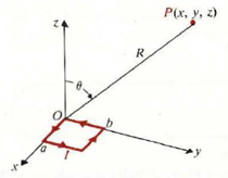 For the small rectangular loop with sides a and b that carries a current I, shown in Figure. a) Find the vector magnetic potential A at a distant point, P(x, y, z). Show that 1t can be put in the form of Eq. (6 - 45). b) Determine the magnetic flux density B from A, and show that it is the same as that given in Eq. (6-48). Figure: A small rectangular loop carrying a current I