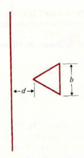 A conducting equilateral triangular loop is placed near a very long straight wire, shown in Fig., with d = b / 2. A current i ( t) = I sin w t flows in the straight wire. a) Determine the voltage registered by a high-impedance rms voltmeter inserted in the loop. b) Determine the voltmeter reading when the triangular loop is rotated by 60° about a perpendicular axis through its center. FIGURE : A long, straight wire and a conducting equilateral triangular loop.