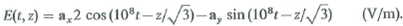 The E-field of a uniform plane wave propagating in a dielectric medium is given by a) Determine the frequency and wavelength of the wave. b) What is the dielectric constant of the medium c) Describe the polarization of the wave. d) Find the corresponding H -field.