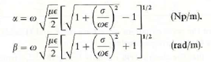 Derive the following general expressions of the attenuation and phase constants for conducting media: