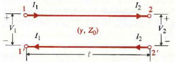 Consider a section of a uniform transmission line of length     , characteristic impedance Z 0 , and propagation constant between terminal pairs 1- 1' and 2- 2' shown in Fig. 9- 44(a). Let ( V 1 , I 1 ) and ( V2 , I2) be-the phasor voltages and phasor currents at terminals 1-1' and 2- 2', respectively. (a) Use Eqs. a and b to write the equations relating Let ( V 1 , I 1 ) and ( V2 , I2) in the form Equation (a):      Determine A, B, C, and D, and note the following relations: Equaion(b):  A= D  Figure:  Figure (a): A line section of length     .     Figure (b) : An equivalent two-port symmetrical T-network.     And Equation (C):  AD - BC =1.  b) Because of Eqs. a, b, and c, the line section in Fig (a) can be replaced by an equivalent two-port symmetrical T-network shown m Fig(b). Prove that     and   