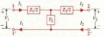 Consider a section of a uniform transmission line of length     , characteristic impedance Z 0 , and propagation constant between terminal pairs 1- 1' and 2- 2' shown in Fig. 9- 44(a). Let ( V 1 , I 1 ) and ( V2 , I2) be-the phasor voltages and phasor currents at terminals 1-1' and 2- 2', respectively. (a) Use Eqs. a and b to write the equations relating Let ( V 1 , I 1 ) and ( V2 , I2) in the form Equation (a):      Determine A, B, C, and D, and note the following relations: Equaion(b):  A= D  Figure:  Figure (a): A line section of length     .     Figure (b) : An equivalent two-port symmetrical T-network.     And Equation (C):  AD - BC =1.  b) Because of Eqs. a, b, and c, the line section in Fig (a) can be replaced by an equivalent two-port symmetrical T-network shown m Fig(b). Prove that     and   