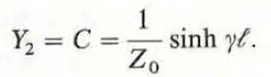 Consider a section of a uniform transmission line of length     , characteristic impedance Z 0 , and propagation constant between terminal pairs 1- 1' and 2- 2' shown in Fig. 9- 44(a). Let ( V 1 , I 1 ) and ( V2 , I2) be-the phasor voltages and phasor currents at terminals 1-1' and 2- 2', respectively. (a) Use Eqs. a and b to write the equations relating Let ( V 1 , I 1 ) and ( V2 , I2) in the form Equation (a):      Determine A, B, C, and D, and note the following relations: Equaion(b):  A= D  Figure:  Figure (a): A line section of length     .     Figure (b) : An equivalent two-port symmetrical T-network.     And Equation (C):  AD - BC =1.  b) Because of Eqs. a, b, and c, the line section in Fig (a) can be replaced by an equivalent two-port symmetrical T-network shown m Fig(b). Prove that     and   
